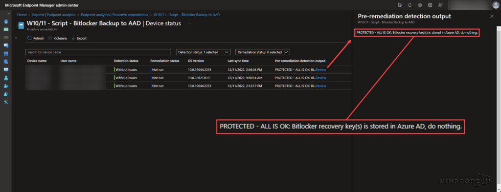 Migrate Bitlocker recovery key(s) to Azure AD - Script output.