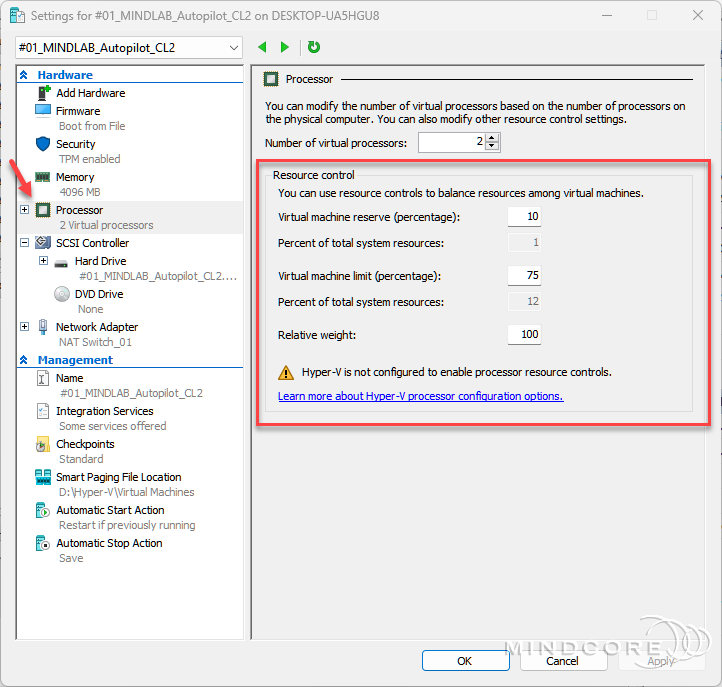 Hyper-V VM settings.