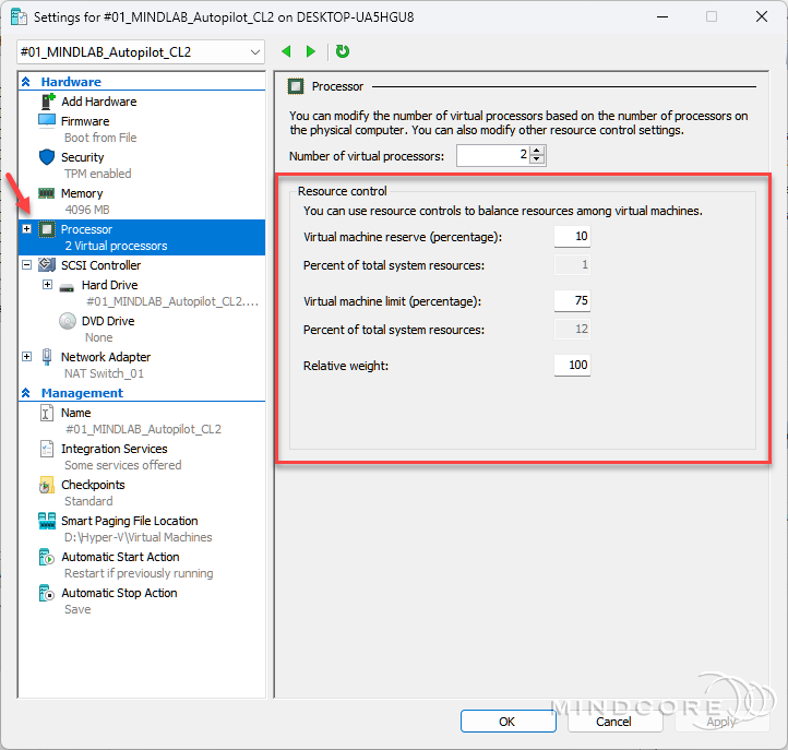 Hyper-V VM settings.