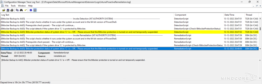 Migrate Bitlocker recovery key(s) to Azure AD - Log output.