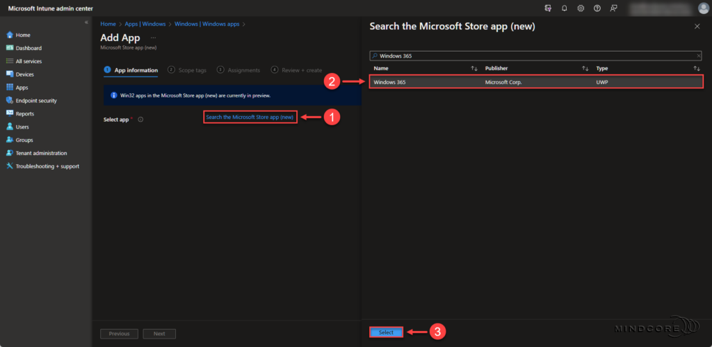 Microsoft Intune - Windows 365 app deployment.
