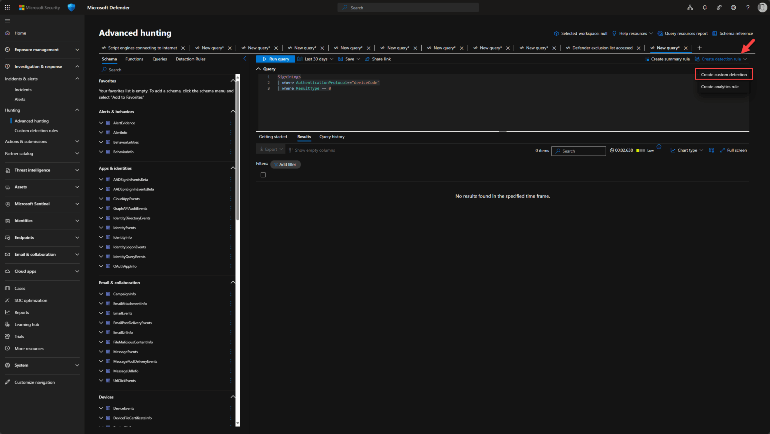 Query Execution Defender Microsoft Defender XDR - Advanced Hunting - Custom Detection rules ...